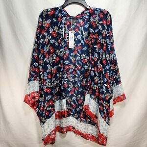 Natural Reflections Womens Floral Kimono 100% Viscose One Size Red/White/Blue